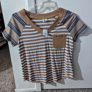 NWT Ladies Cato Warm Sand Striped Blouse Large